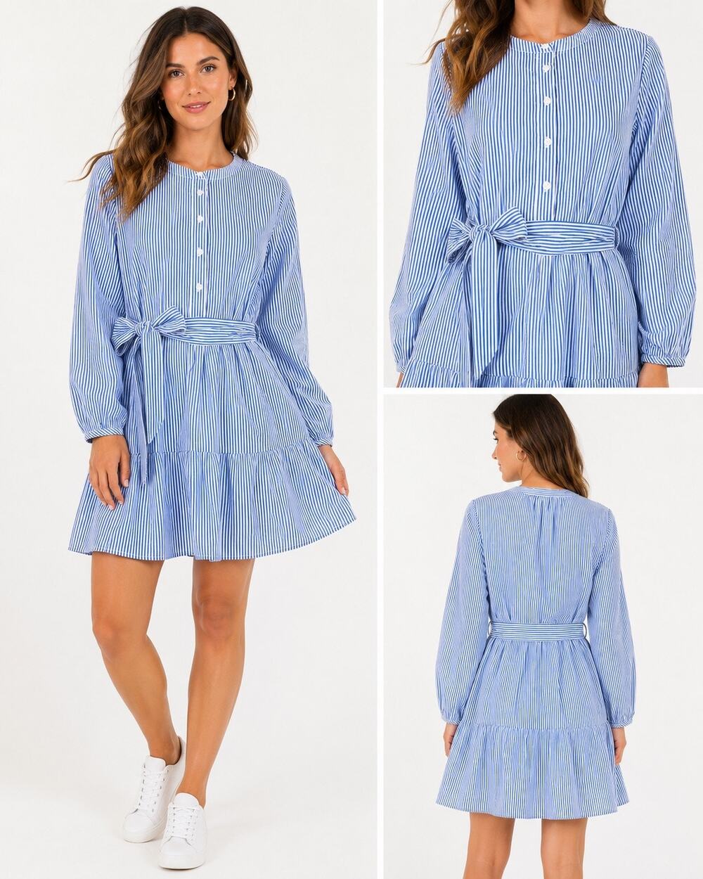 J.Crew Blue White Stripe Cotton Tie Waist Tiered Mini Dress Long Sleeve M